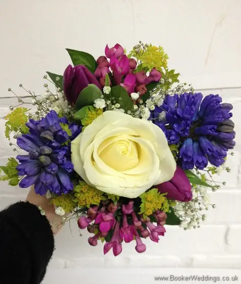 Spring Mix Pinks Purples and Blues Bridesmaid Bouquet with Ivory rose, purple tulips, blue hyacinth, gypsy grass, pink bouvardia