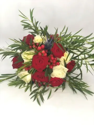 Wild Winter Wedding White and Red Rose Bridal Bouquet Aerial