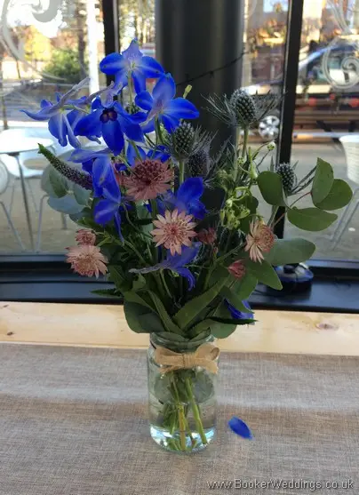 Blue and Pink Just Picked Wild Flowers in Jars for Table Runner Centrepieces at Siren 54 St James Street Liverpool