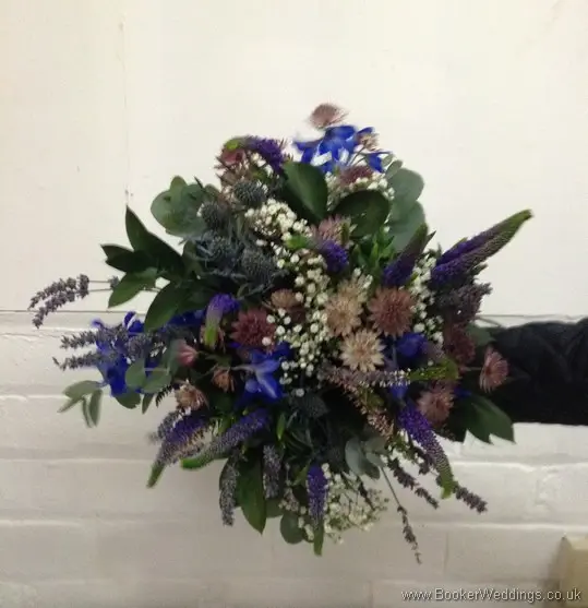 Wild Flowers Just Picked of Blues and Pinks Bridal Bouquet of Astrantia, Veronica, Eryngium and Gypsy Grass