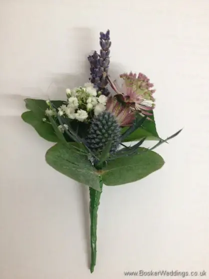 Wild Just Picked Blue and Pink Grooms Buttonhole with Astrantia, Veronica, Eryngium and Gypsy Grass