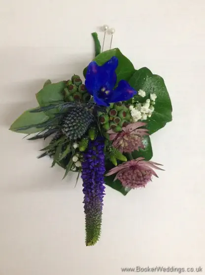 Wild Just Picked Blue and Pink Pin Corsage with Astrantia, Veronica, Eryngium and Gypsy Grass