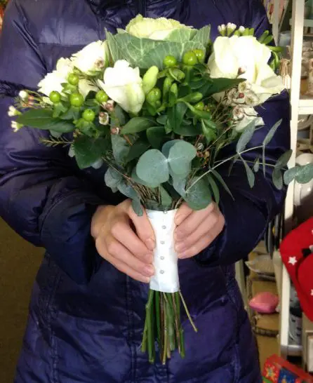 Green and White Bridesmaid Wedding Bouquet Brassica Rose and Hypericum Side