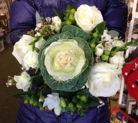 Green and White Bridesmaid Wedding Bouquet Brassica Rose and Hypericum