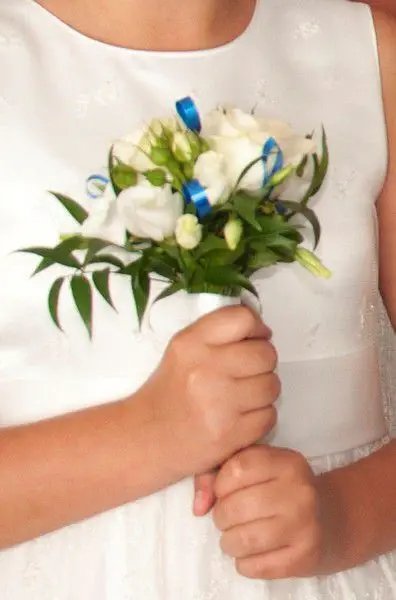 White Rose and Spray rose Flower Girl posy with blue ribbon loops