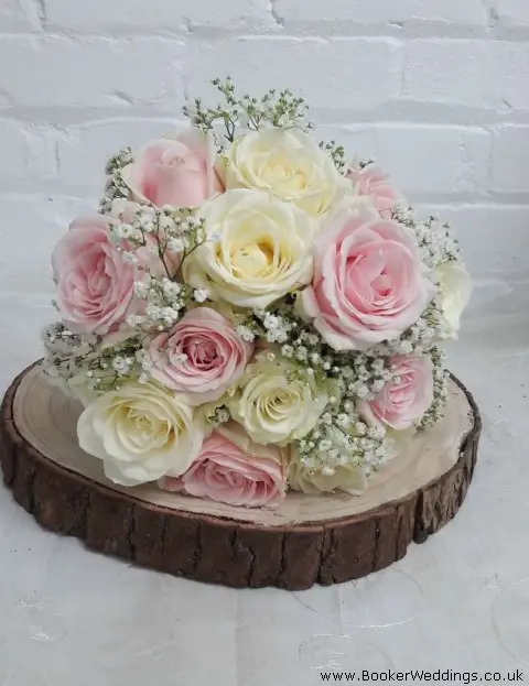 Bride Hand Tied Bouquet Pink and White Roses and Gyp