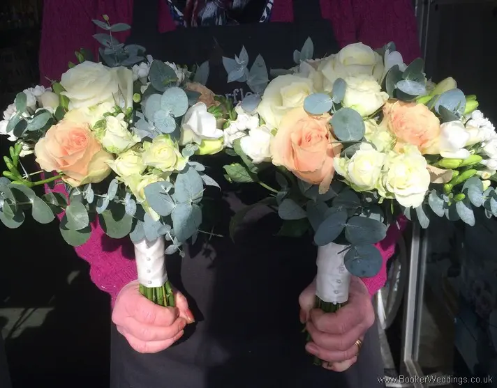 Rose gold Quicksand Roses, Avalanche roses, Freesia, Bouvardia Semi Wild Hand Tied Brides and Bridesmaid Bouquets Side View