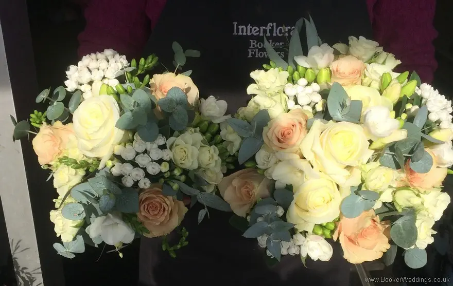 Rose gold Quicksand Roses, Avalanche roses, Freesia, Bouvardia Semi Wild Hand Tied Brides and Bridesmaid Bouquets