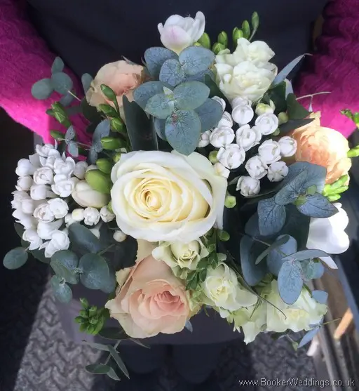 Rose gold Quicksand Roses, Avalanche roses, Freesia, Bouvardia Semi Wild Hand Tied Bridesmaid Bouquet