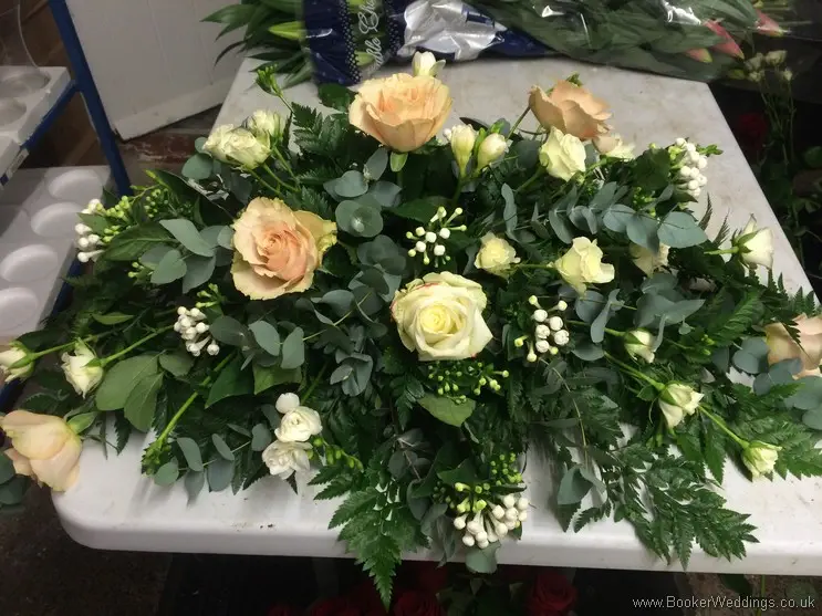 Rose gold Quicksand Roses, Avalanche roses, Freesia, Bouvardia Semi Wild Registrars Table Arrangement