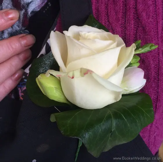 White Rose and Freesia Grooms Buttonhole