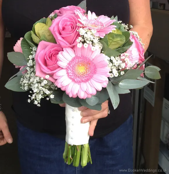 Pink Gerbera, Gpysophila, Pink Roses and Brassicas Brides Bouquet Side View