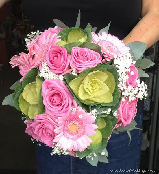 Pink Gerbera, Gpysophila, Pink Roses and Brassicas Brides Bouquet