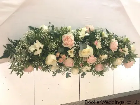 Pink and White Roses Freesia and Gypsy Grass Arrangement