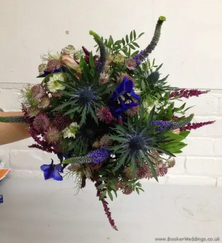 English Garden Flowers Bridal Bouquet with Blue Delphinium, Eryngium, Heather, Astrantia, Purple Veronica & Nigella