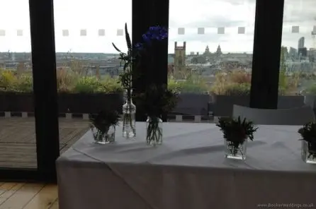 English Garden Flowers Just Picked Look in Jam Jars for Top Table Decoration at The Hope Street Hotel, Liverpool