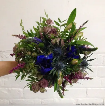 English Garden Just Picked Flowers Bridal Bouquet with Blue Delphinium, Eryngium, Heather, Astrantia, Purple Veronica & Nigella
