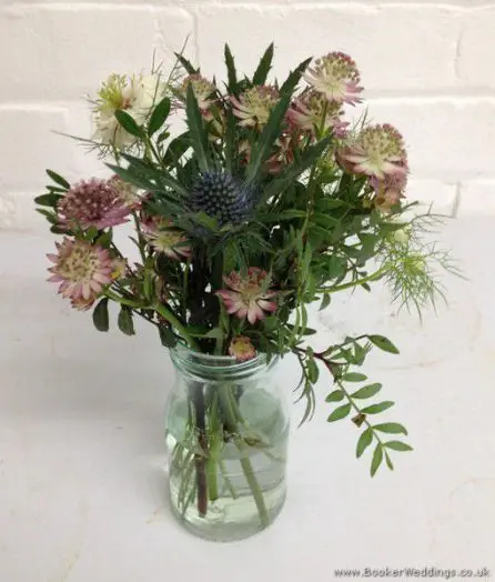Jam Jar Just Picked English Garden Table Centrepiece with Eryngium and Astrantia