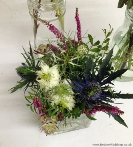 Purple & Blue English Garden Flowers Table Centrepieces with Heather, Purple Veronica, Astrantia, Eryngium and Nigella