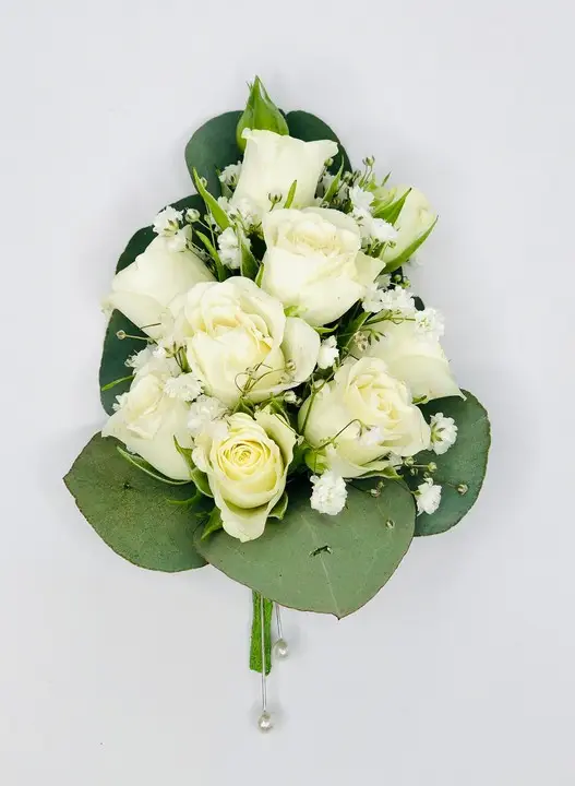 Classic Ladies Corsage with White Roses and Eucalyptus