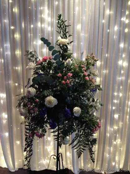 Cream, Pale Pink and Blue Semi Wild Flowers Pedestal Stand Decoration with Cream Roses, Pale Pink Spray Roses and Blue Hyacinths at Malmaison, Liverpool
