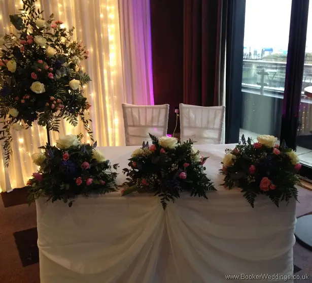 Cream, Pale Pink and Blue Semi Wild Flowers Registrar Table Decoration & Pedestal Stand Decoration at Malmaison, Liverpool