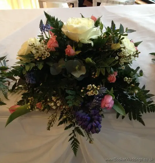 Cream, Pale Pink and Blue Table Decoration Posies with Cream Roses, Wax Flowers, Pale Pink Spray Roses, Blue Muscari and Blue Hyacinth at Malmaison, Liverpool