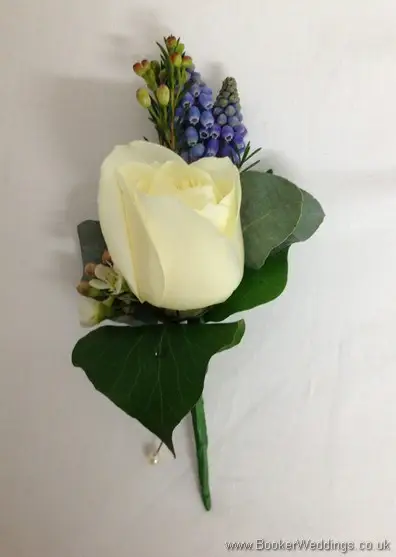 Grooms Buttonhole with White Rose, Blue Muscari and Wax Flowers