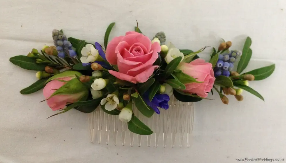 Semi Wild Bridal Hair Comb Decoration with Pink Spray Roses, Wax Flowers, Blue Muscari and Hyacinth