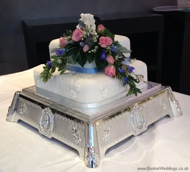 Wedding Cake Fresh Flower Decoration with Pink Spray Roses, Wax Flowers and Blue Muscari at Malmaison, Liverpool