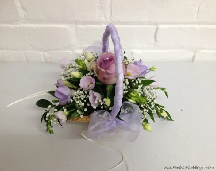 Lilac and Cream Roses with Lilac Freesia and Lilac Lissianthus Flower Girl Basket