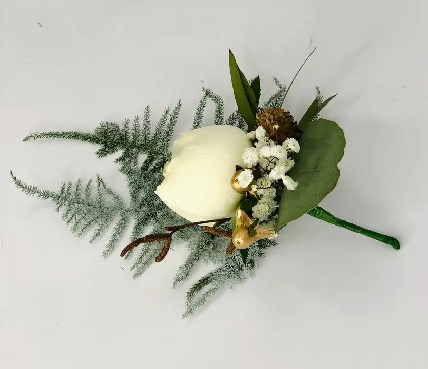 Grooms White and Gold Rose Buttonhole with White Fern
