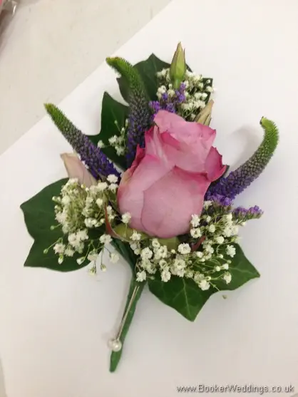 Pin Corsage with just picked country style flowers with rose, veronica, lissianthus and gypsy grass