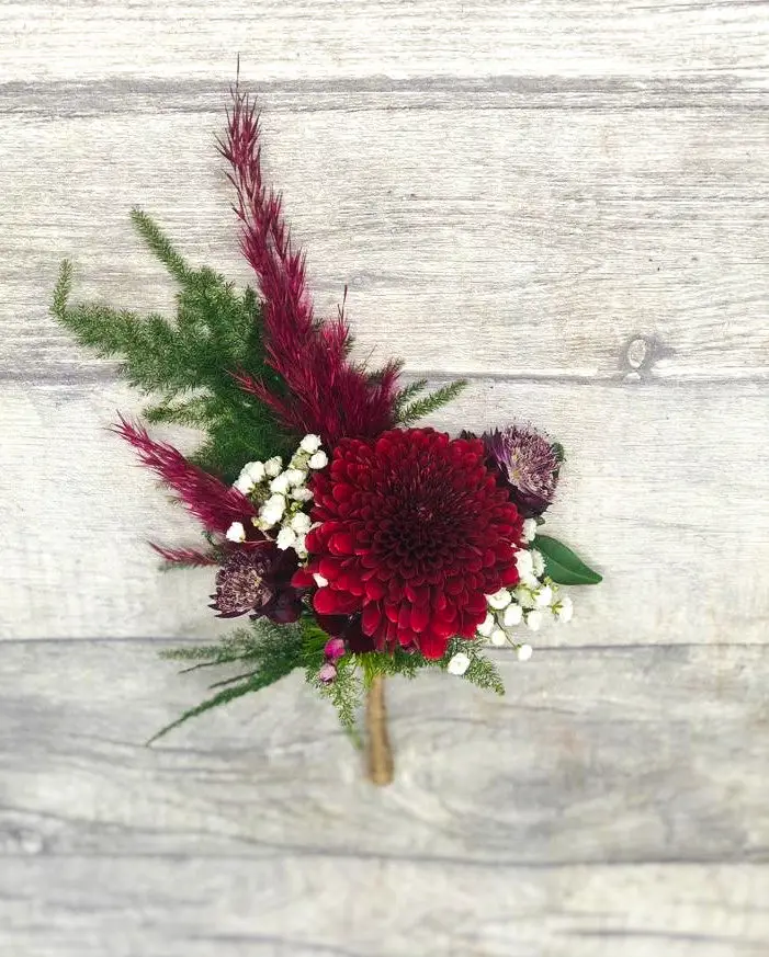 Groom Burgundy Buttonhole with Pampas Grass