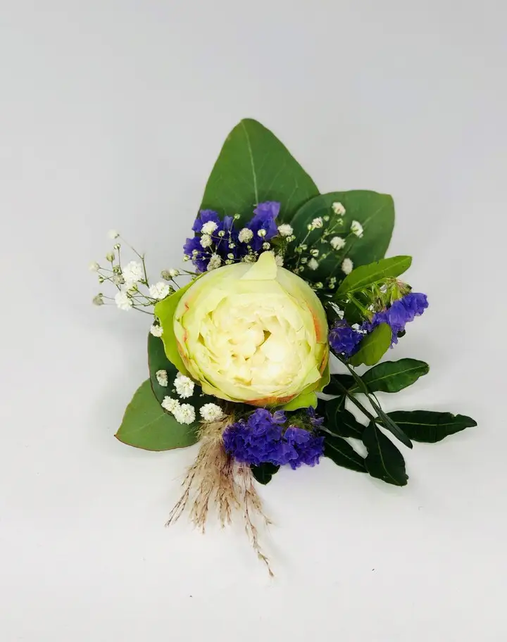 Groom White Rose Gypsy Grass and Blue Statice Buttonhole
