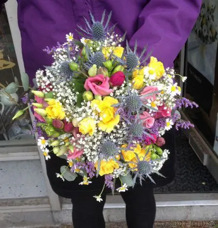 Multicoloured Bridal Bouquet with eryngium, daisy, spray rose, lisianthus and freesias