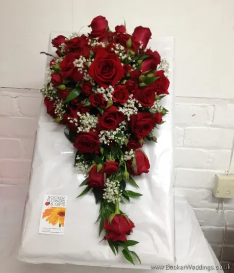 Red and White Wedding Flowers - Bridal Hand Tied Teardrop shower bouquet in Red roses spray rose and gypsy grass