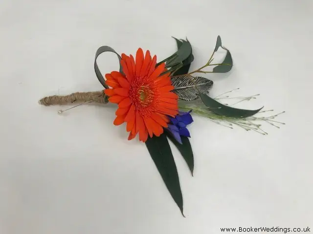 Rustic Wedding Buttonhole Orange and Blue with Feathers
