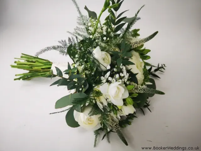 White Ranunculas Veronica Freesia and Delianne Handtied