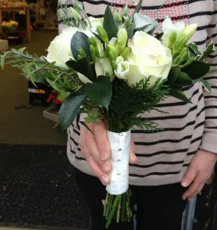 White Rose Lissianthus and Freesia Winter Wonderland Brides Bouquet Side