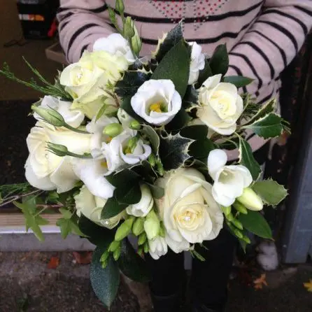White Rose Lissianthus and Freesia Winter Wonderland Brides Bouquet