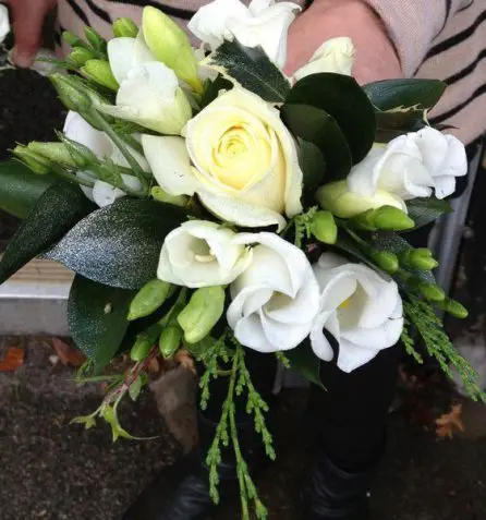 White Rose Lissianthus and Freesia Winter Wonderland Flower Girl Bouquet