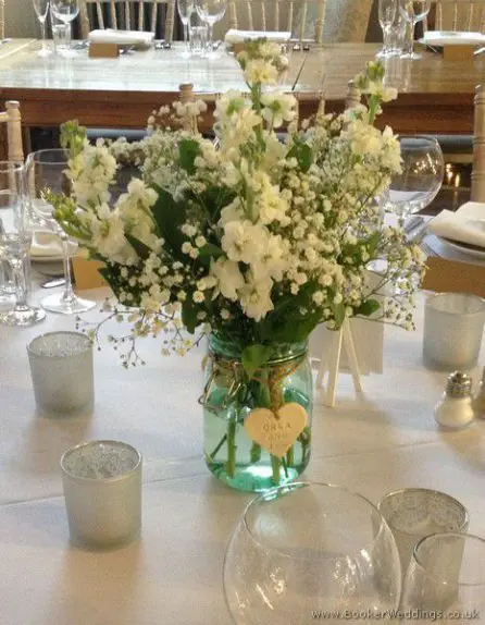 White stock and gypsophila Jar Centrepiece at Oh Me Oh My, Liverpool