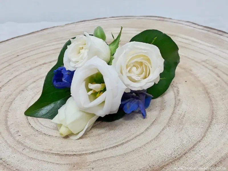 Buttonhole for Country Style Weddding Delphinium Spray Rose Lissianthus