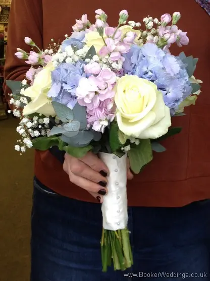 Pink and Blue Bridal Hand tied Bouquet with Hydrangea, Stocks, Gypsy Grass and Eucalyptus Side View