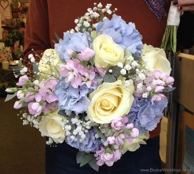 Pink and Blue Bridal Hand tied Bouquet with Hydrangea, Stocks, Gypsy Grass and Eucalyptus