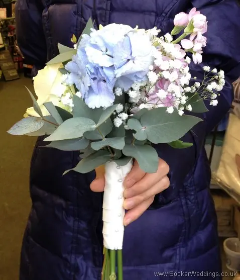 Pink and Blue Mini Hand tied Flower girl Bouquet with Hydrangea, Stocks, Gypsy Grass and Eucalyptus Side View