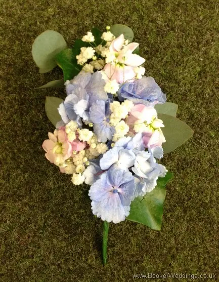 Pink and Blue Pin Corsage with Hydrangea, stocks and eucalyptus