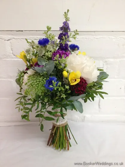 Country wild flower Bridal Bouquet with Peony, Queens Anne Lace, Lavender ,Freesia, Sweet William, Scillia blue Bells, Red Santini Daisy side