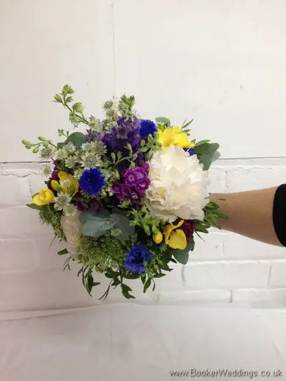 Country wild flower Brides Bouquet with Peony, Queens Anne Lace, Lavender ,Freesia, Sweet William, Scillia blue Bells, Red Santini Daisy
